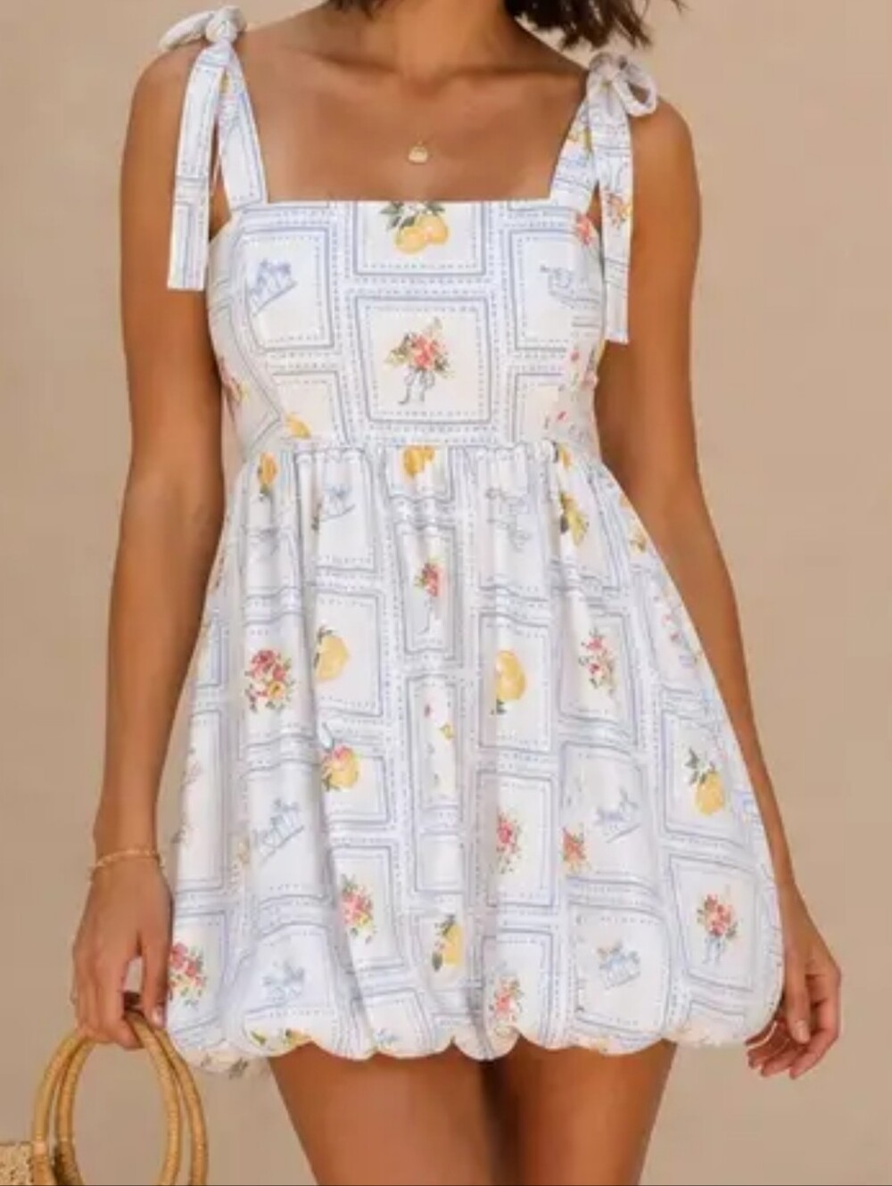Timing Lemonade Tie-Shoulder Bubble Hem Summer Dress with Lemon & Floral Print